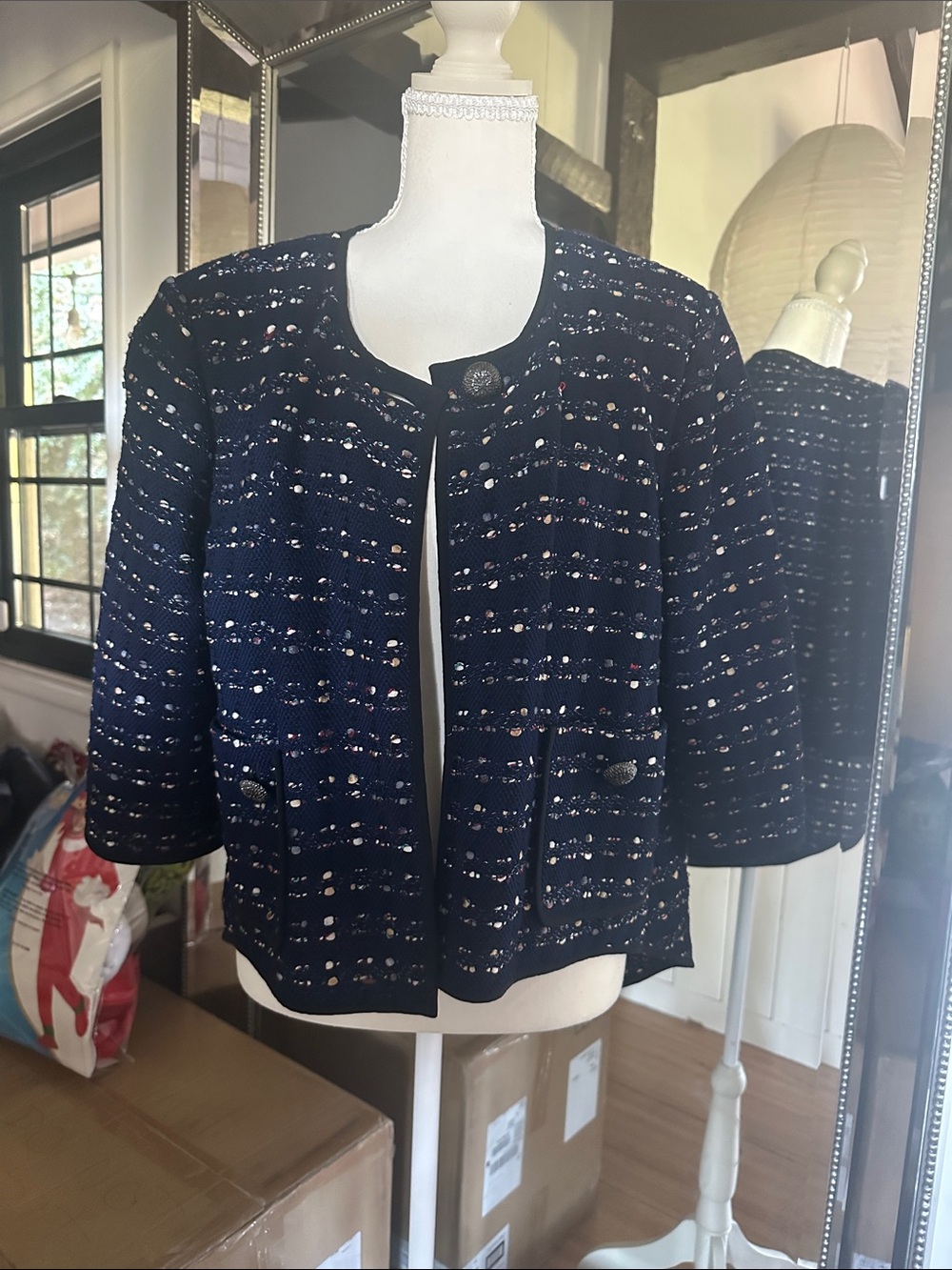 St. John Collection Navy Textured Open-Front Jacket with Metallic Thread
